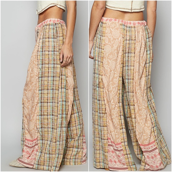 POL floral plaid print stretchy waist wide leg pants - Picture 2 of 2